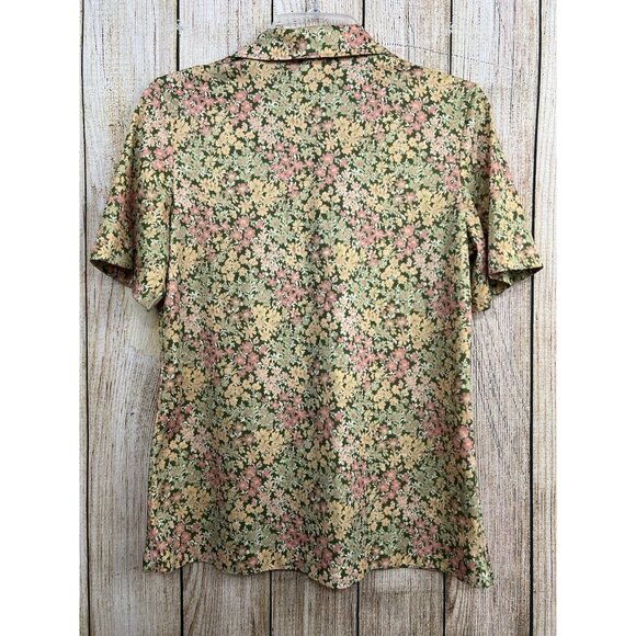 Vintage 70s Women Dagger Collar Floral Mod Poly Top Button Front L Cottagecore - Picture 5 of 7